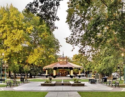 A gazebo surrounded by trees in the center of a city park